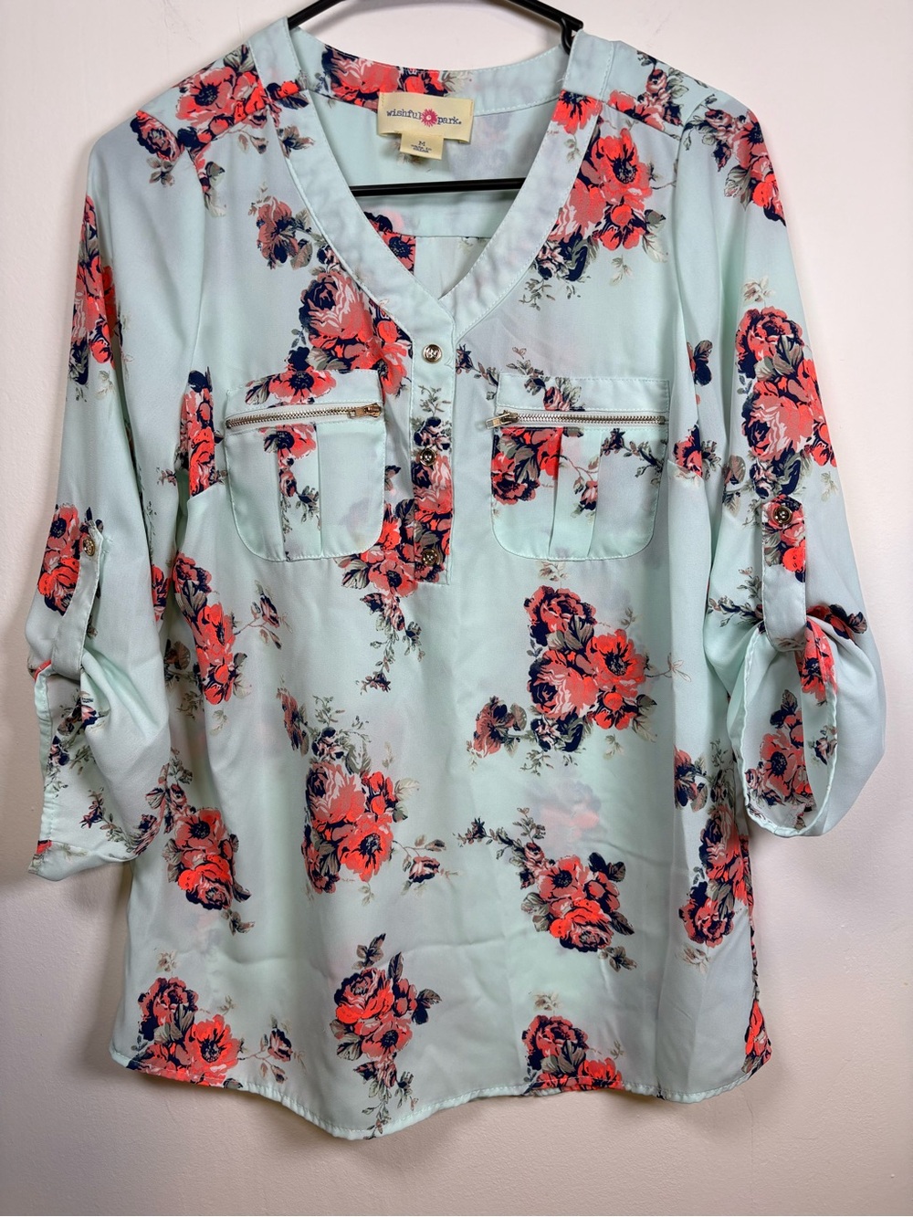 Wishful Park Mint Floral V-Neck Blouse with Coral and Navy Roses